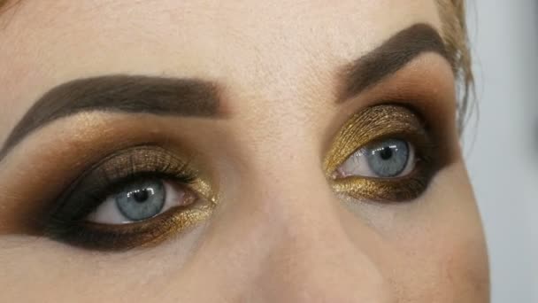 Make-up-Meisterin schminkt im Schönheitssalon ein dickes Frauenmodel mit blauen Augen aus nächster Nähe — Stockvideo