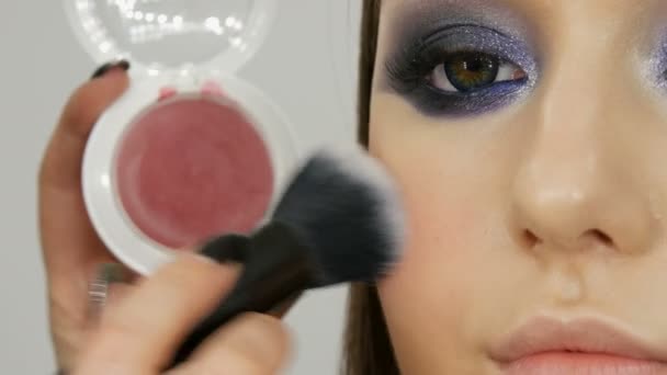 Maquillaje artista hace modelo chica maquillaje. Cepillo especial aplica rubor rosa en la cara de la chica en el salón de belleza — Vídeo de stock