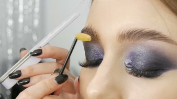 Speciální kartáč pro pročesávání obočí. Profesionální make-up si pročesuje obočí modelů — Stock video