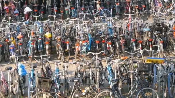 Ámsterdam, Países Bajos - 21 de abril de 2019: Aparcamiento para bicicletas. Muchas bicicletas diferentes estacionadas en una calle en estacionamientos especiales. El problema de la sobrecarga de bicicletas en el país — Vídeo de stock