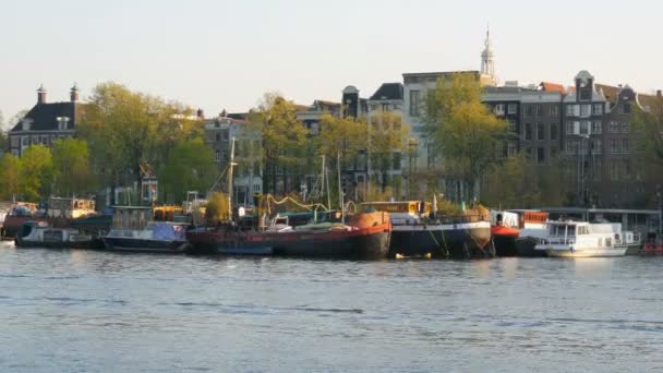 Amsterdamské kanály, na kterých jsou kotvícové čluny. Autentické nizozemské domy a ulice hlavního města Nizozemska — Stock video