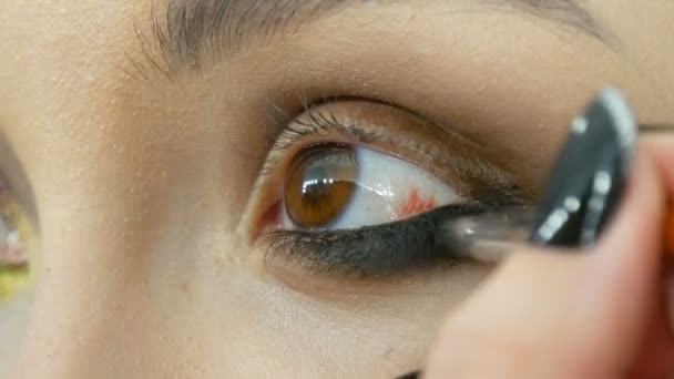 O artista de maquiagem estilista profissional faz o modelo de maquiagem de olhos. Modelo de rosto com maquiagem à noite vista de perto — Vídeo de Stock