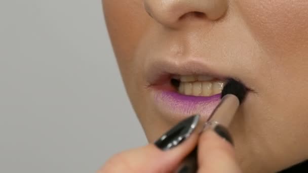 Ένας επαγγελματίας καλλιτέχνης κάνει make-up σε ένα όμορφο κορίτσι μοντέλο, σκόνη απάλυνσης, επισήμανσης, κρέμα θεμελίωσης με ειδική βούρτσα για το μακιγιάζ — Αρχείο Βίντεο