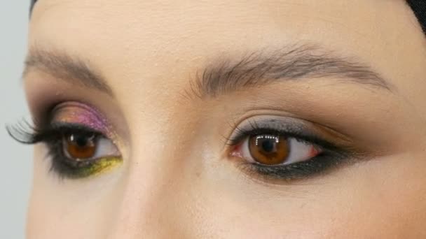 Professionele stylist make-up kunstenaar maakt oog make-up model. Gezicht model met avond make-up close-up uitzicht — Stockvideo