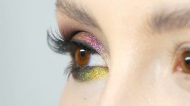 Profesyonel makyaj sanatçısı farklı renk göz farları ile renkli model göz, yanlış uzun siyah kirpik yapıştırır.