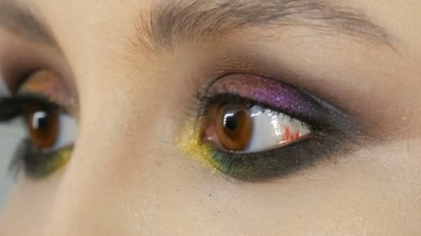 Professionelle Stylistin Make-up Artist macht Augen Make-up Modell. Gesicht Modell mit Abend Make-up Nahaufnahme — Stockvideo