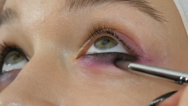 Mulher make-up artista estilista faz maquiagem elegante rosa olhos fumegantes com escova de maquiagem especial de modelo jovem — Vídeo de Stock