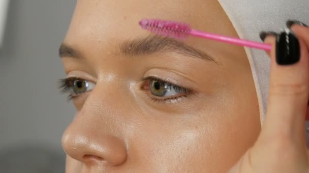 Cepillo especial para peinar cejas. Artista de maquillaje profesional está peinando las cejas de modelo chica — Vídeos de Stock