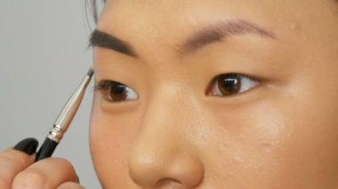 Profesyonel makyaj sanatçısı özel fırça ile Asyalı Koreli kadın modelin yüzüne kaşboyaları.