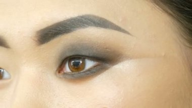 Profesyonel makyaj sanatçısı özel fırça ile Koreli kız Asyalı kadın göz makyajı yapar