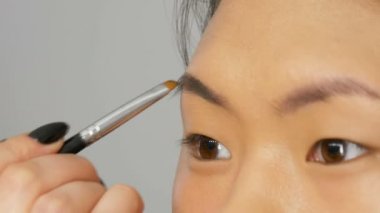 Profesyonel makyaj sanatçısı özel fırça ile Asyalı Koreli kadın modelin yüzüne kaşboyaları.
