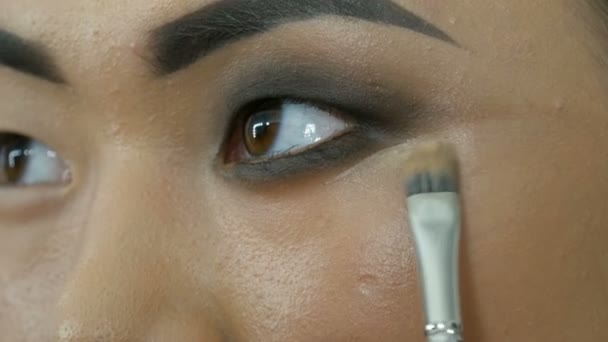 Maquilleuse professionnelle fait maquillage des yeux de fille coréenne femme asiatique avec brosse spéciale — Video