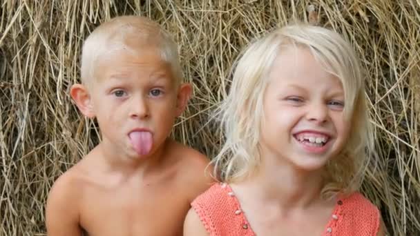 Divertido feliz con caras sucias hermano rubio y hermanos niños tontos alrededor, hacer caras y cuernos entre sí en el fondo de pajar en la aldea al aire libre en un día de verano — Vídeos de Stock