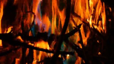 Mistik sihirli gökkuşağı yangın çok renkli alevler renk değiştirir. Şenlik ateşi koyu arka planda birçok renkte yanıyor