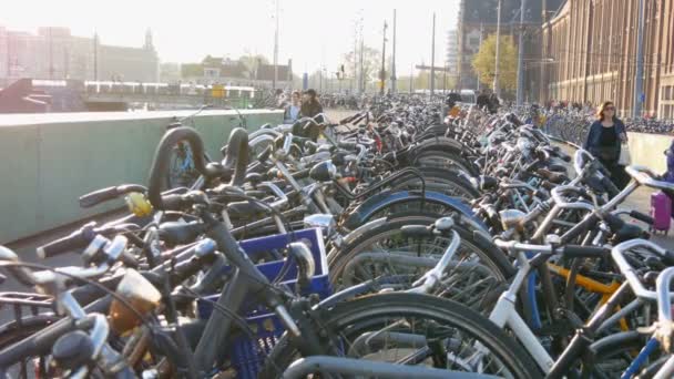 Ámsterdam, Países Bajos - 21 de abril de 2019: Aparcamiento para bicicletas. Muchas bicicletas diferentes estacionadas en una calle en estacionamientos especiales. El problema de la sobrecarga de bicicletas en el país — Vídeos de Stock