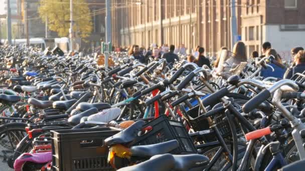 Amsterdam, Nederland-21 april 2019: fietsenstalling. Veel verschillende fietsen geparkeerd op een straat op speciale parkeerplaatsen. Het probleem van de fiets overbelasting in het land — Stockvideo