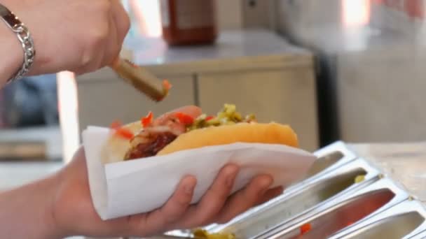 Le mani di uomo mettono vari seasonings a un hot dog in chiosco speciale di cibo di strada, fast food sulla strada di Amsterdam . — Video Stock