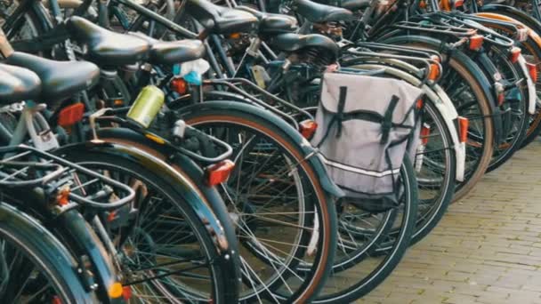 アムステルダム、オランダ - 2019年4月21日:自転車用駐車場。多くの異なる自転車は、特別な駐車場の路上に駐車しました。国の自転車過負荷の問題 — ストック動画