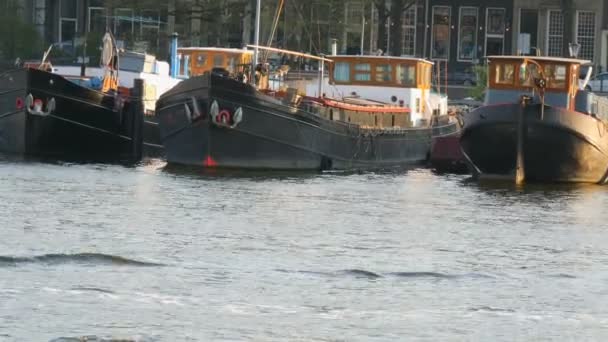 Амстердам, Нидерланды - 21 апреля 2019 года: Туристы плывут на лодке вдоль Амстердамского канала, на котором пришвартованы лодки. Настоящие голландские дома и улицы столицы Нидерландов — стоковое видео