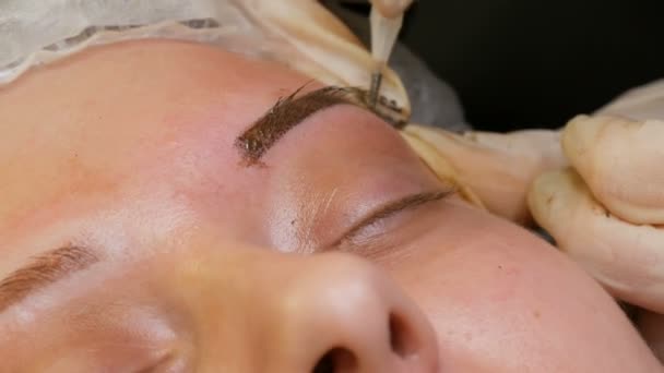 Мастер-косметолог наносит пигмент на цветные брови. Коррекция формы бровей с помощью микролезвия. Татуировка, постоянный макияж, распыление порошка вблизи — стоковое видео