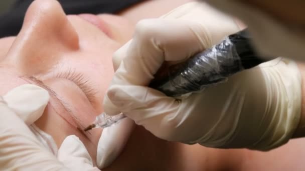 Bentuk alis baru. Kosmetolog menerapkan pigmen untuk mewarnai alis menggunakan pena khusus untuk microblading. Tato, riasan permanen, penyemprotan bubuk — Stok Video