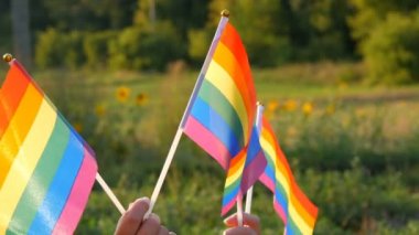 Yazın güneşli bir günde yeşil çimlerin ve ormanın arka planında gökkuşağı bayrakları tutan kadın eller. Lgbt Gay lezbiyen travesti hakları, aktivizm aşk eşitliği ve özgürlük sembolü