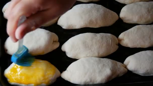 Närbild på rad av många långsträckta bollar av deg på en plåt, redo för bakning i ugnen. Kvinnlig hand smörjer ett slagen ägg med speciella kök silikonborste — Stockvideo