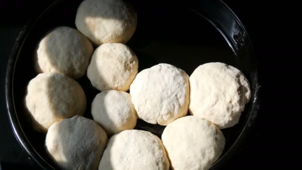 Las manos femeninas ponen masa para hornear casera en forma de bolas redondas en una bandeja para hornear negra lista para cocinar en el horno. — Vídeo de stock