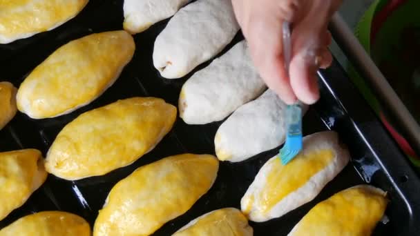 Ряд из многих удлиненных шаров теста на хлебопекарном листе, готовых к выпечке в духовке. Женская рука смазывает отбитое яйцо специальной кухонной силиконовой кистью — стоковое видео