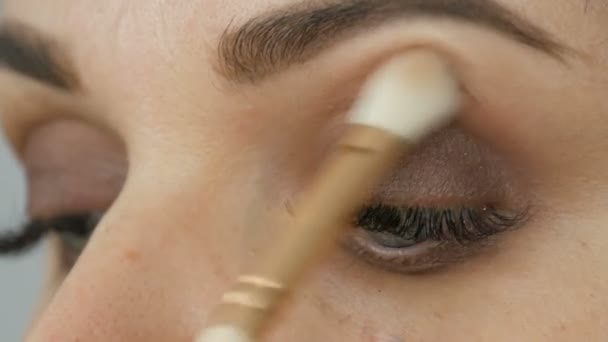 Brosse spéciale pour appliquer le fard à paupières et les yeux en gros plan. Maquillage des yeux, ombre à paupières et sourcils professionnels brillants du soir — Video