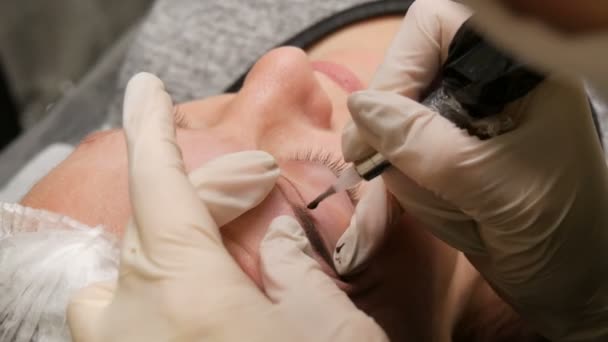 Correzione della forma del sopracciglio. Microblading, trucco permanente, spruzzi di polvere — Video Stock