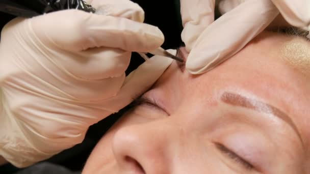 Korrigering av ögonbrynsform. Mikroblästring, permanent make-up, pulverspray — Stockvideo