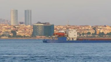 Türkiye, İstanbul, Marmara Denizi 'nden kent kıyısı manzaralı kargo mavnaları ve diğer gemiler