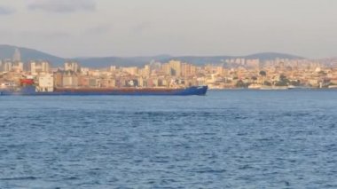 Türkiye, İstanbul, Marmara Denizi 'nden kent kıyısı manzaralı kargo mavnaları ve diğer gemiler