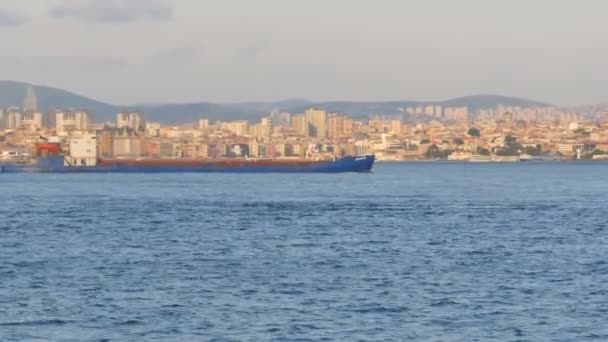 Törökország, Isztambul, kilátás a Marmara-tengertől a város partjára, amelyen teherszállító uszályok és más hajók hajóznak — Stock videók
