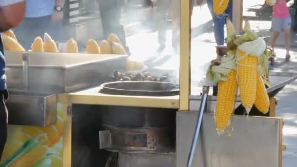 Färsk majs på gatukiosken. Street mat, säljare säljer kokt majs i rad till kunder på en stadsgata. Hälsosam mat och produkter koncept, Passersby passera — Stockvideo