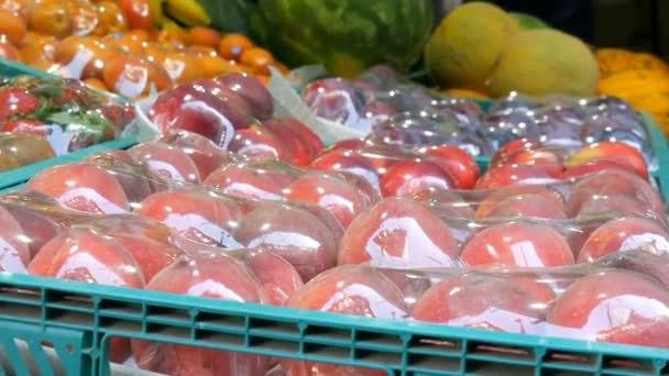 Deliziosi frutti freschi sul bancone del mercato sotto uno speciale panno di cellophane, protetto da polvere e umidità. Pesche, Nettarina, albicocche, fragole, kiwi — Video Stock