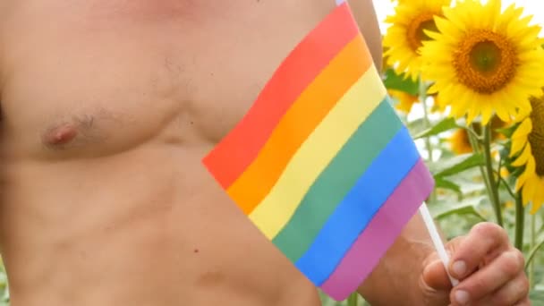 Beautiful body of a young athletic man with beautiful muscles holds a rainbow Gay pride LGBT flag in his hands symbol of unconventional orientation, against the blooming sunflowers in summer — Stock Video