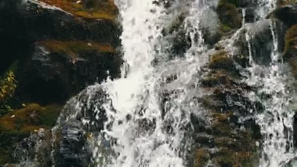 Close up view of beautiful natural waterfall flowing down overgrown with green moss stones in Carpathian mountains. Wonderful mountain waterfall cascade falls near large grey rocks with green moss — Stock Video