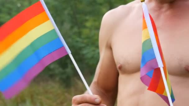 Torso é um corpo atlético atlético de um jovem bronzeado que segura em suas mãos arco-íris Orgulho gay Bandeira LGBT em suas mãos símbolo de orientação não convencional contra o fundo da natureza verde — Vídeo de Stock