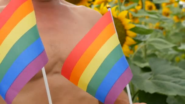 Piękne ciało młody człowiek atletyczny człowiek z piękne mięśnie posiada tęcza gej duma Lgbt flaga w jego ręce symbol niekonwencjonalny orientacja przeciw kwitnące słoneczniki w lato — Wideo stockowe
