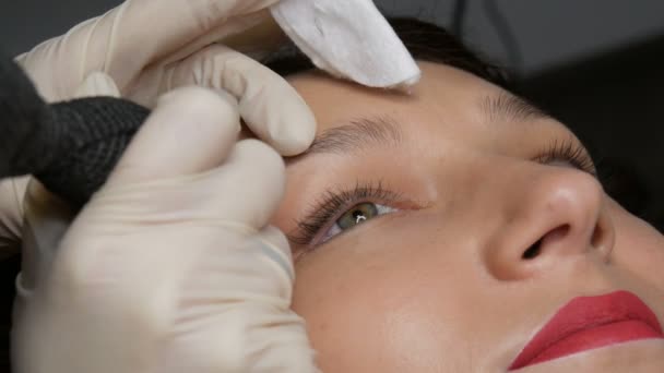 Beautician en guantes negros hace la corrección permanente del maquillaje de la forma de las cejas a una muchacha hermosa joven. Microblading, tatuaje de la ceja en un salón de belleza — Vídeo de stock