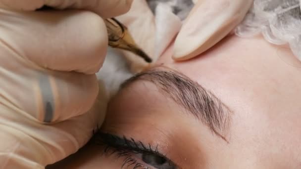 一种特殊的刺针纹身机可以对年轻女性的眉毛进行永久的化妆矫正。在皮肤下面注射一种深色颜料.微珠、粉末喷涂近身 — 图库视频影像