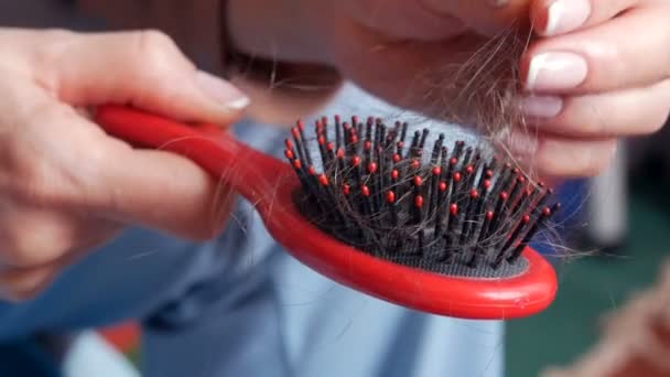 Weibliche Hände reinigen Haare nach dem Kämmen auf einem Kamm. Viele abgefallene Haare auf einem Kamm. Haarausfall, Hormonversagen, Stress, Ernährung, Kopfhaut- und Haarzwiebelkrankheit — Stockvideo