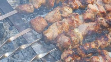 Dumanda bir şişte dilimlenmiş et parçaları. Izgarada domuz şişi. Dilimlenmiş et ve erimiş yağ. Bir kır evinin bahçesine yakın..