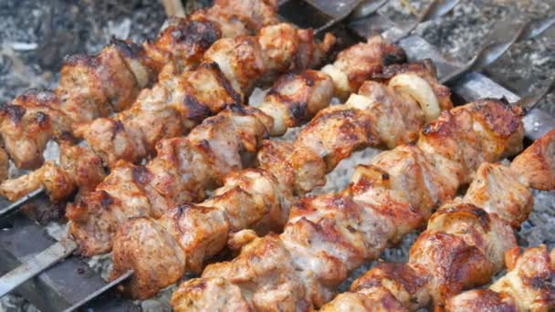 Trancher des morceaux de viande sur une brochette. Brochettes de porc sur le gril. Viande tranchée avec graisse fondante vue rapprochée dans le jardin d'une maison de campagne. — Video