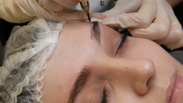 En speciell nål tatuering maskin gör permanent makeup korrigering av en ung kvinna ögonbryn. Ett pigment av mörk färg injiceras under huden. Mikroblästring, pulversprutning närbild — Stockvideo