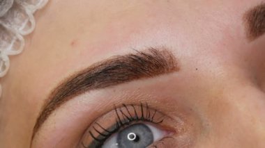 Güzel, mavi gözlü ve uzun kirpikli bir kadının yüz portresi. Kalıcı makyajdan sonra kaş dövmeli mikroplar bir güzellik salonundaki kanepede yatıyor.