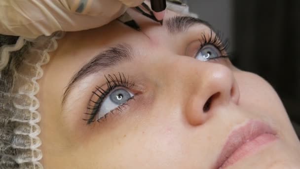 Korrigerar formen på ögonbrynen med en speciell penna och delare innan permanent makeup korrigering av en ung kvinna ögonbryn — Stockvideo