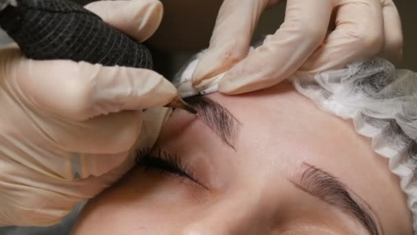 Una máquina especial del tatuaje de la aguja hace la corrección permanente del maquillaje de una ceja joven de las mujeres. Se inyecta un pigmento de pintura oscura debajo de la piel. Microblading, pulverización en polvo de cerca — Vídeos de Stock